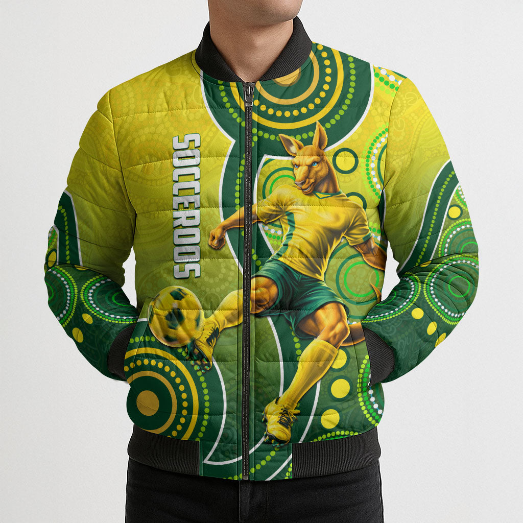 Personalized Australian Soccer Kangaroo Bomber Puffer Jacket Aboriginal Dot Pattern Green Gold Football Player
