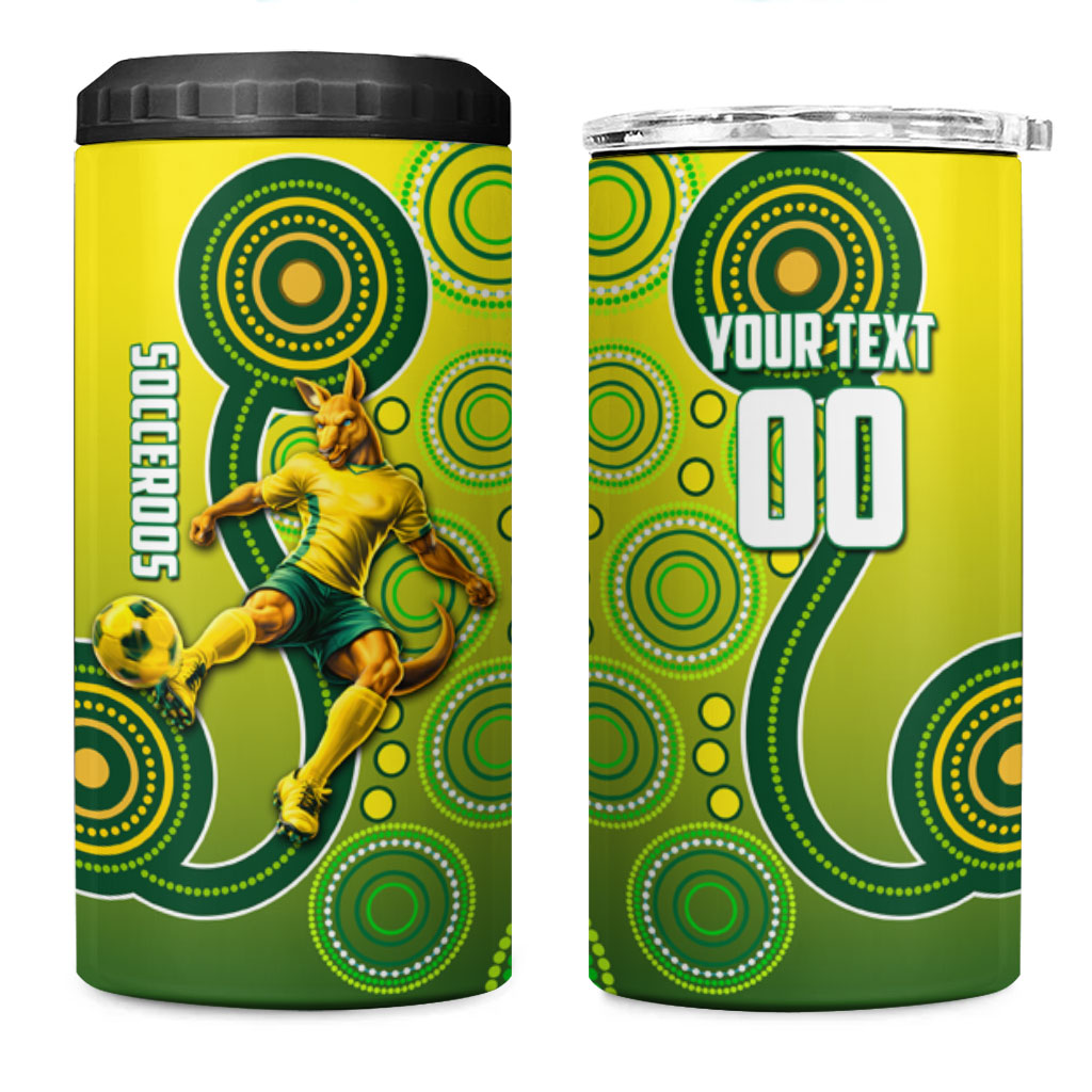 Personalized Australian Soccer Kangaroo 4 in 1 Can Cooler Tumbler Aboriginal Dot Pattern Green Gold Football Player