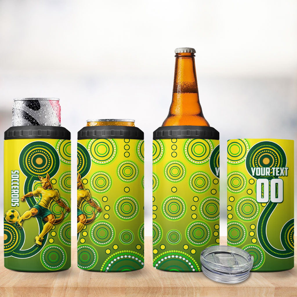 Personalized Australian Soccer Kangaroo 4 in 1 Can Cooler Tumbler Aboriginal Dot Pattern Green Gold Football Player