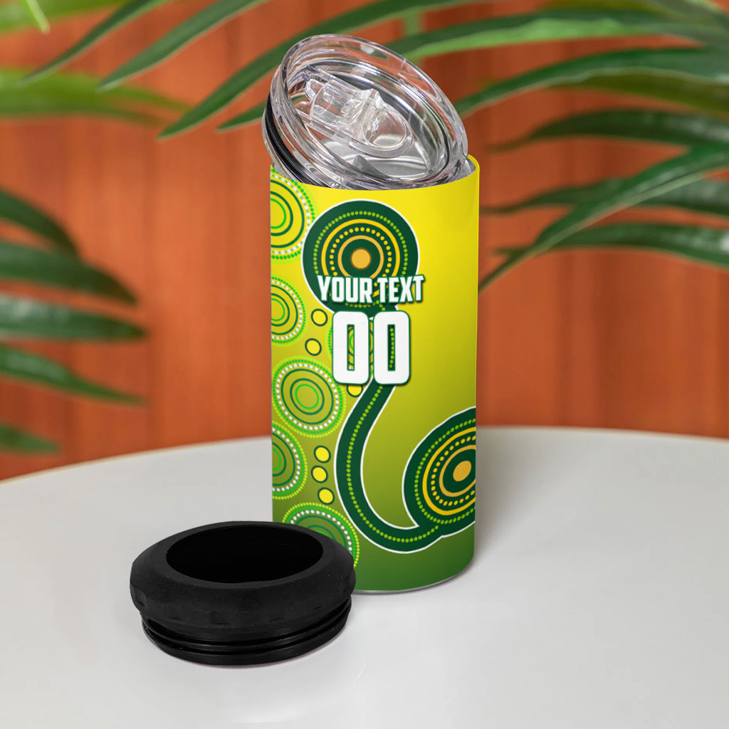 Personalized Australian Soccer Kangaroo 4 in 1 Can Cooler Tumbler Aboriginal Dot Pattern Green Gold Football Player