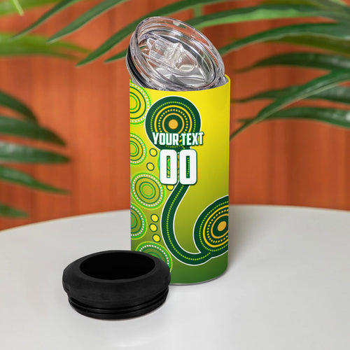 Personalized Australian Soccer Kangaroo 4 in 1 Can Cooler Tumbler Aboriginal Dot Pattern Green Gold Football Player