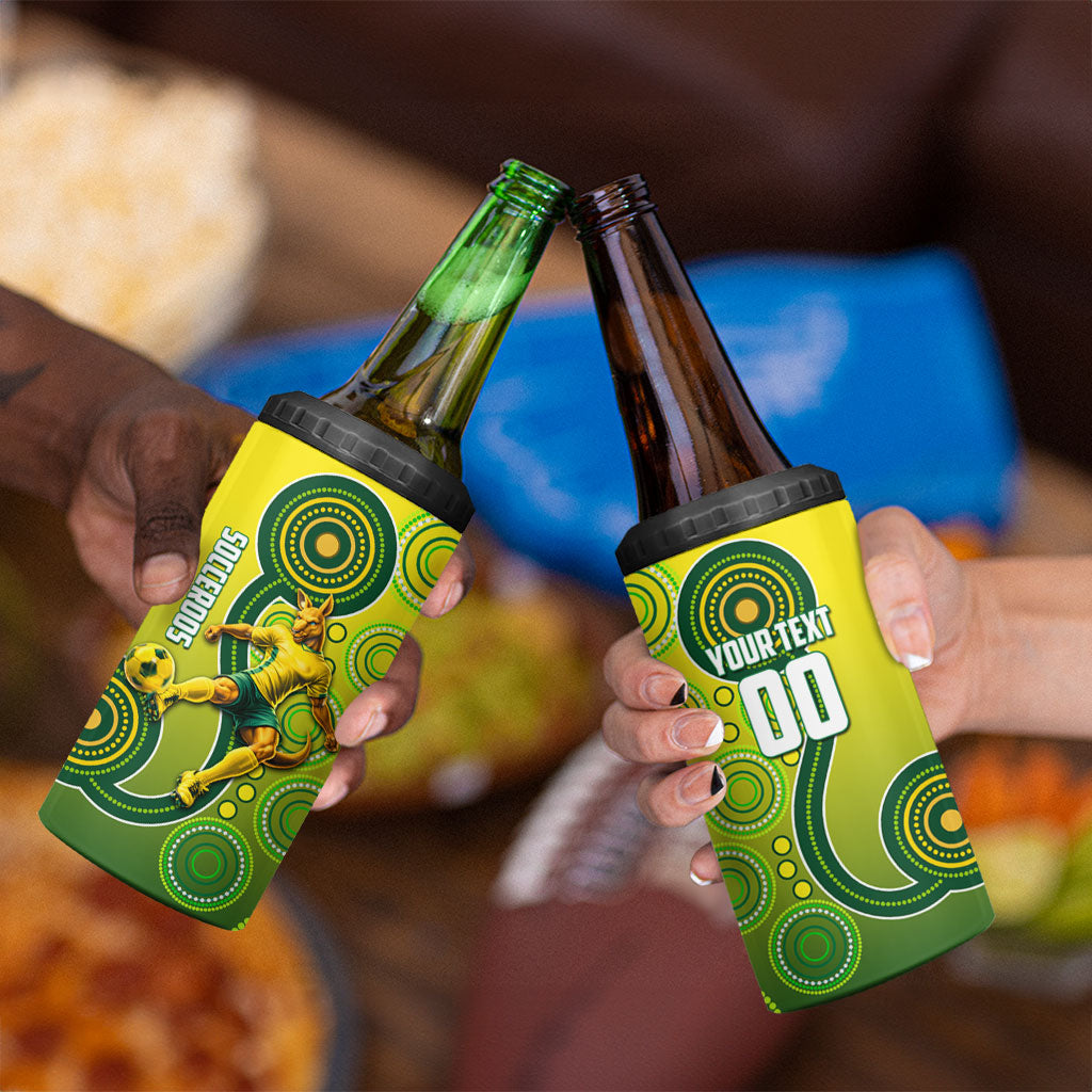 Personalized Australian Soccer Kangaroo 4 in 1 Can Cooler Tumbler Aboriginal Dot Pattern Green Gold Football Player