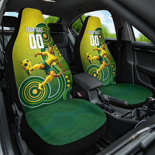 Personalized Australian Soccer Kangaroo Car Seat Cover Aboriginal Dot Pattern Green Gold Football Player