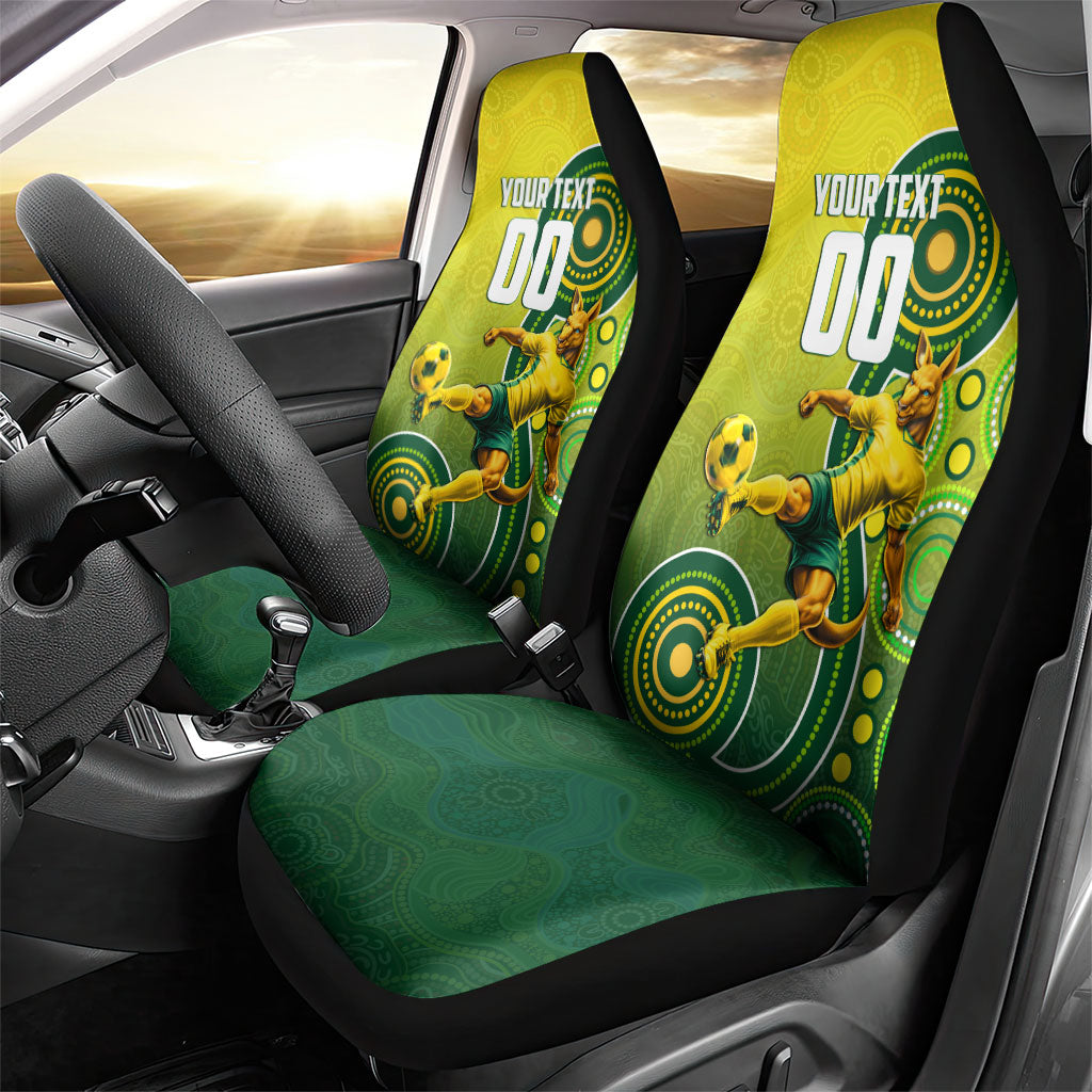 Personalized Australian Soccer Kangaroo Car Seat Cover Aboriginal Dot Pattern Green Gold Football Player