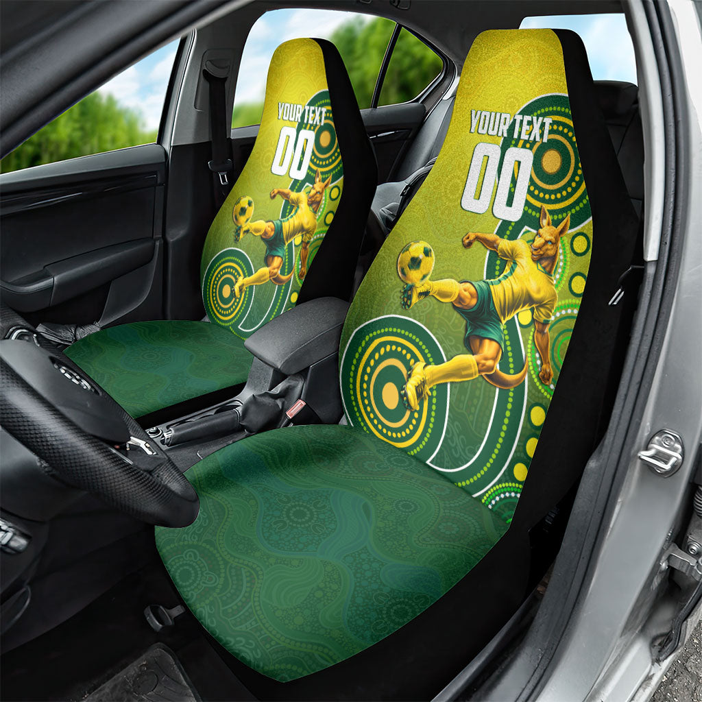 Personalized Australian Soccer Kangaroo Car Seat Cover Aboriginal Dot Pattern Green Gold Football Player