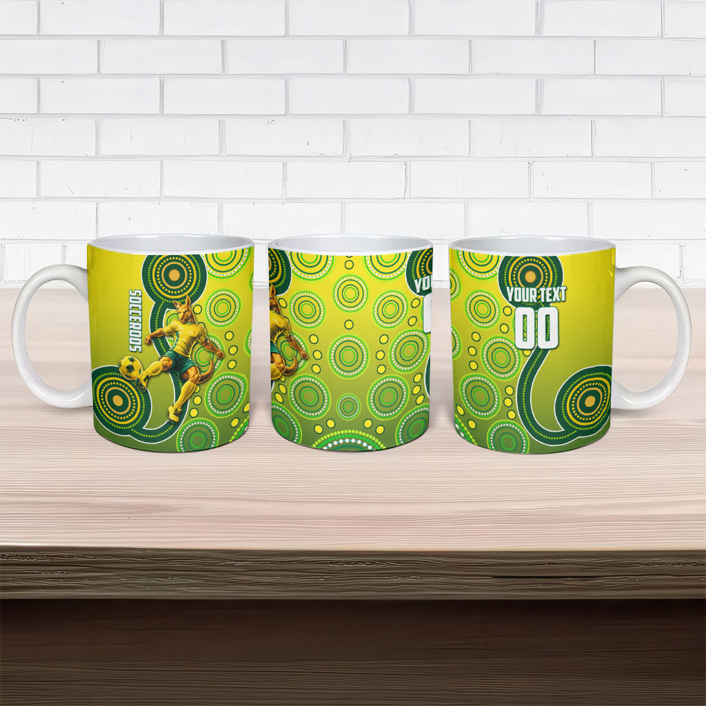 Personalized Australian Soccer Kangaroo Ceramic Mug Aboriginal Dot Pattern Green Gold Football Player