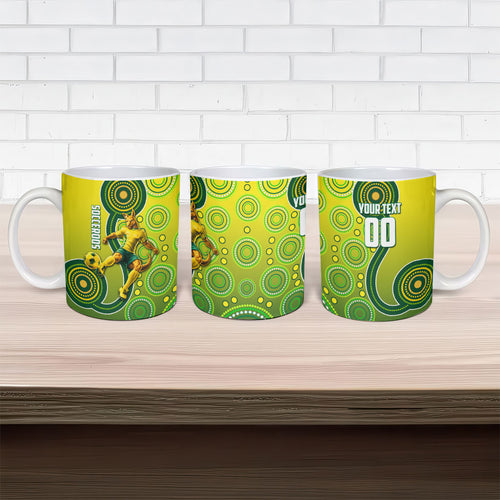 Personalized Australian Soccer Kangaroo Ceramic Mug Aboriginal Dot Pattern Green Gold Football Player