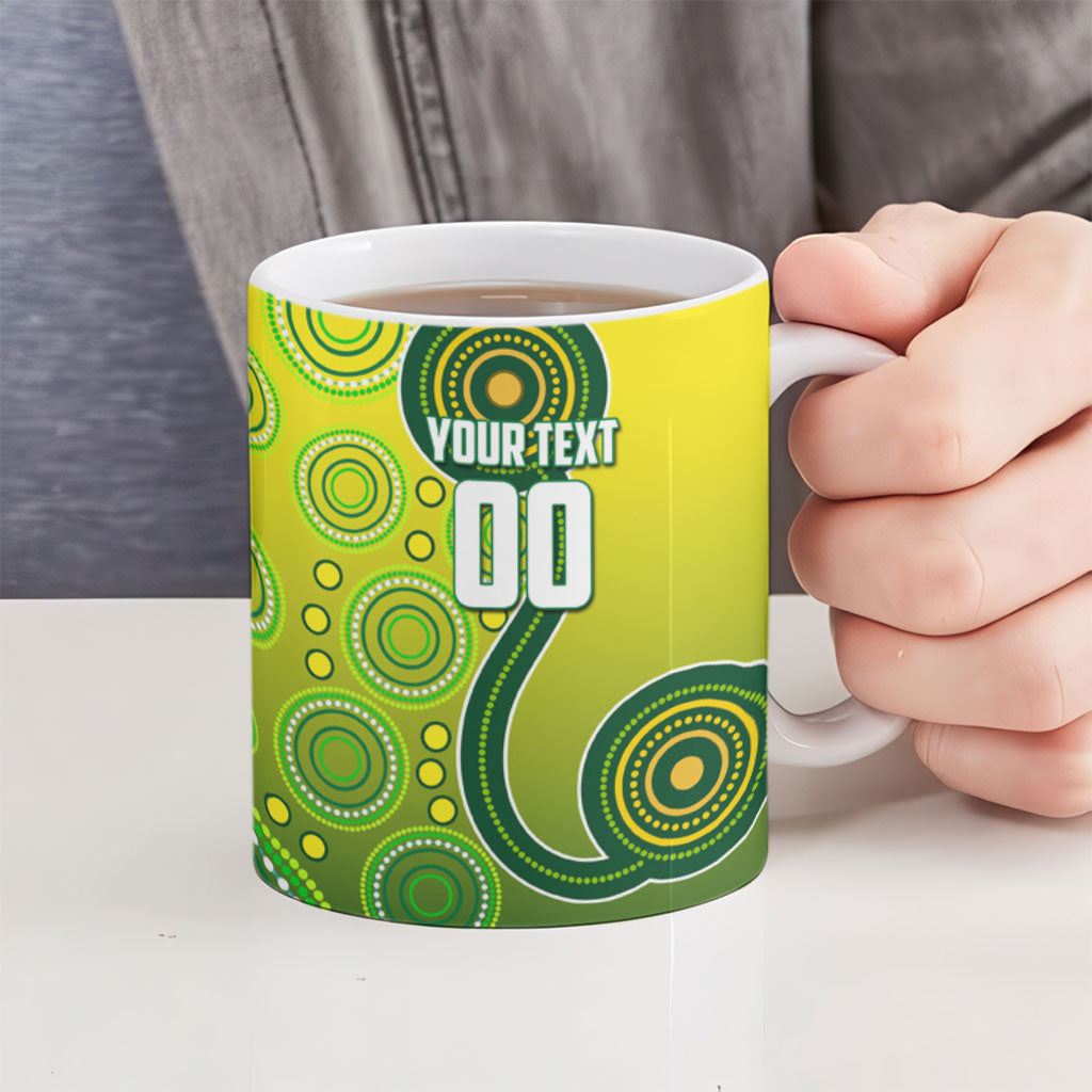 Personalized Australian Soccer Kangaroo Ceramic Mug Aboriginal Dot Pattern Green Gold Football Player