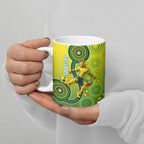 Personalized Australian Soccer Kangaroo Ceramic Mug Aboriginal Dot Pattern Green Gold Football Player