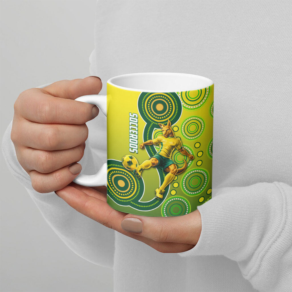 Personalized Australian Soccer Kangaroo Ceramic Mug Aboriginal Dot Pattern Green Gold Football Player