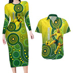 Personalized Australian Soccer Kangaroo Couples Matching Long Sleeve Bodycon Dress and Hawaiian Shirt Aboriginal Dot Pattern Green Gold Football Player