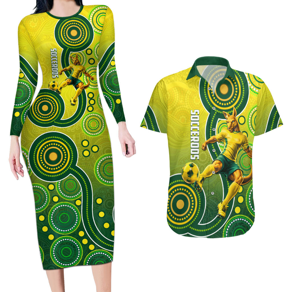 Personalized Australian Soccer Kangaroo Couples Matching Long Sleeve Bodycon Dress and Hawaiian Shirt Aboriginal Dot Pattern Green Gold Football Player
