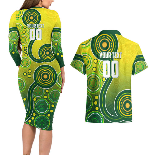 Personalized Australian Soccer Kangaroo Couples Matching Long Sleeve Bodycon Dress and Hawaiian Shirt Aboriginal Dot Pattern Green Gold Football Player