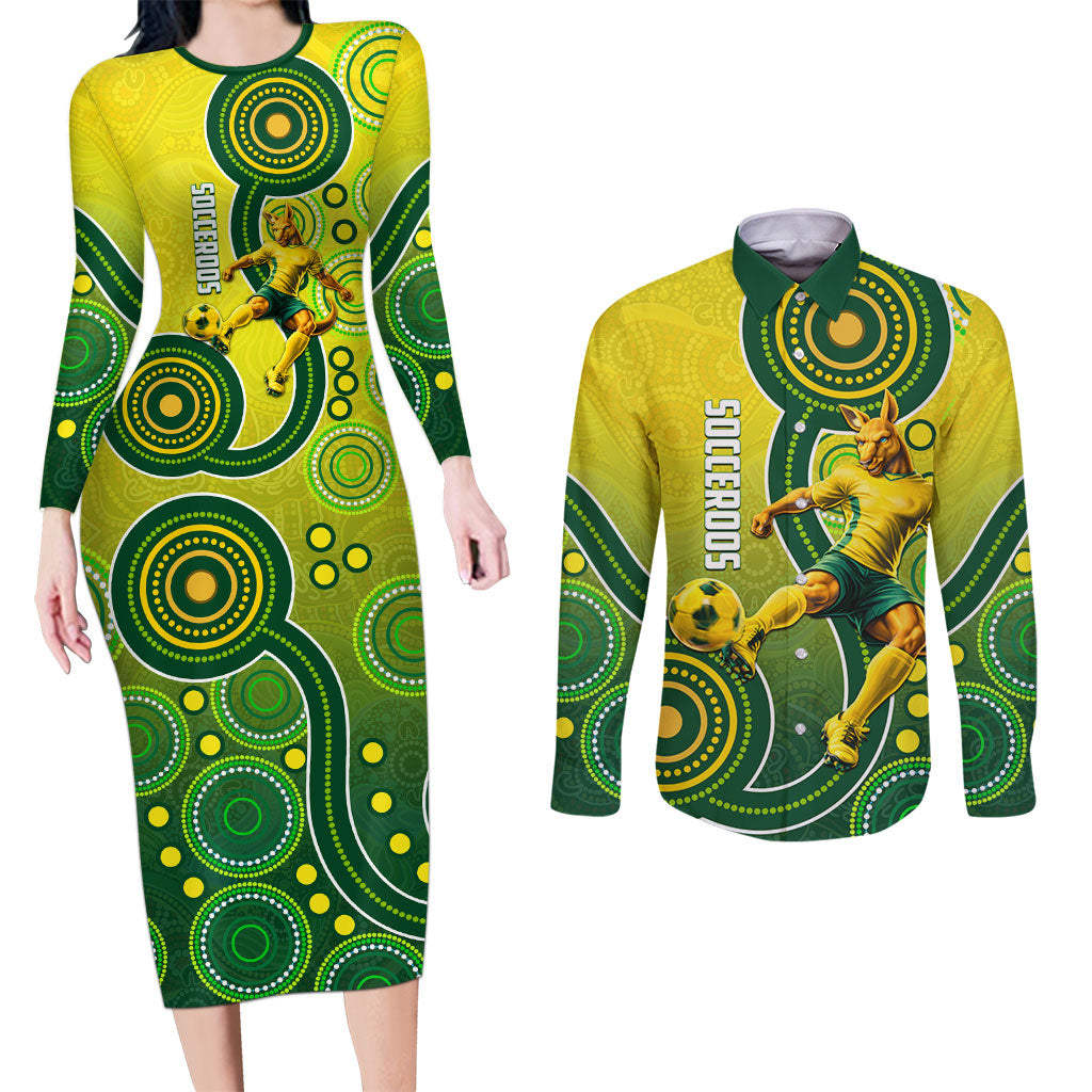 Personalized Australian Soccer Kangaroo Couples Matching Long Sleeve Bodycon Dress and Long Sleeve Button Shirt Aboriginal Dot Pattern Green Gold Football Player
