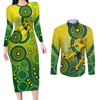 Personalized Australian Soccer Kangaroo Couples Matching Long Sleeve Bodycon Dress and Long Sleeve Button Shirt Aboriginal Dot Pattern Green Gold Football Player