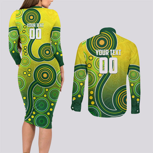 Personalized Australian Soccer Kangaroo Couples Matching Long Sleeve Bodycon Dress and Long Sleeve Button Shirt Aboriginal Dot Pattern Green Gold Football Player