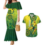 Personalized Australian Soccer Kangaroo Couples Matching Mermaid Dress and Hawaiian Shirt Aboriginal Dot Pattern Green Gold Football Player