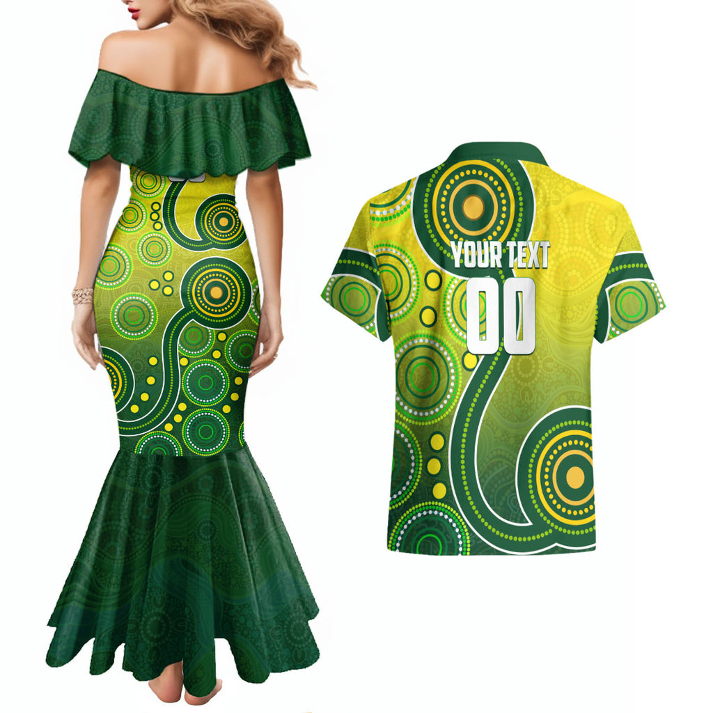 Personalized Australian Soccer Kangaroo Couples Matching Mermaid Dress and Hawaiian Shirt Aboriginal Dot Pattern Green Gold Football Player