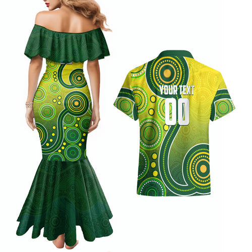 Personalized Australian Soccer Kangaroo Couples Matching Mermaid Dress and Hawaiian Shirt Aboriginal Dot Pattern Green Gold Football Player