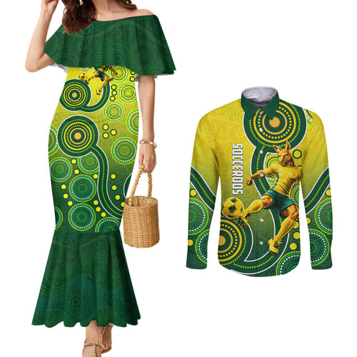 Personalized Australian Soccer Kangaroo Couples Matching Mermaid Dress and Long Sleeve Button Shirt Aboriginal Dot Pattern Green Gold Football Player