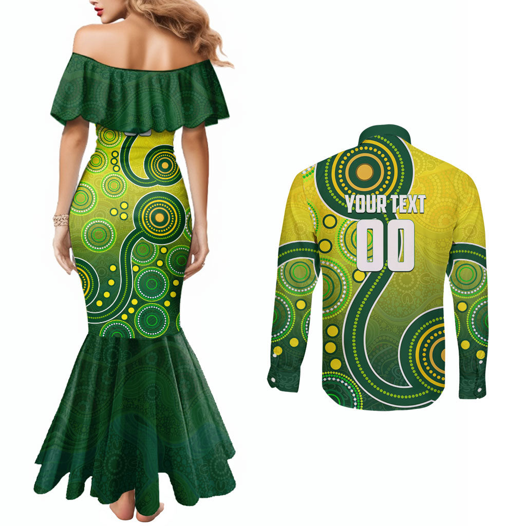 Personalized Australian Soccer Kangaroo Couples Matching Mermaid Dress and Long Sleeve Button Shirt Aboriginal Dot Pattern Green Gold Football Player