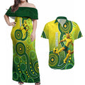 Personalized Australian Soccer Kangaroo Couples Matching Off Shoulder Maxi Dress and Hawaiian Shirt Aboriginal Dot Pattern Green Gold Football Player