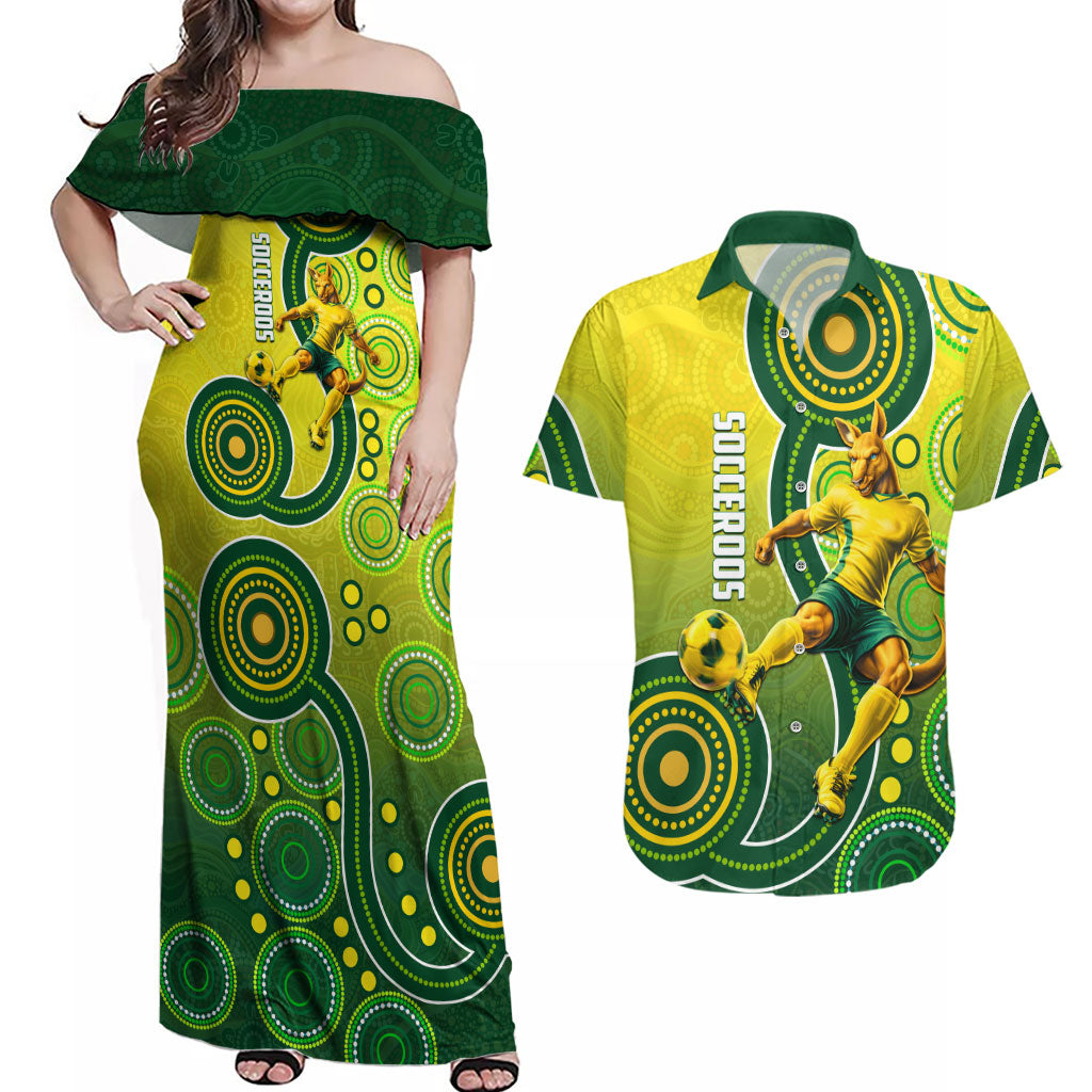 Personalized Australian Soccer Kangaroo Couples Matching Off Shoulder Maxi Dress and Hawaiian Shirt Aboriginal Dot Pattern Green Gold Football Player