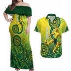 Personalized Australian Soccer Kangaroo Couples Matching Off Shoulder Maxi Dress and Hawaiian Shirt Aboriginal Dot Pattern Green Gold Football Player