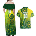 Personalized Australian Soccer Kangaroo Couples Matching Off Shoulder Maxi Dress and Hawaiian Shirt Aboriginal Dot Pattern Green Gold Football Player