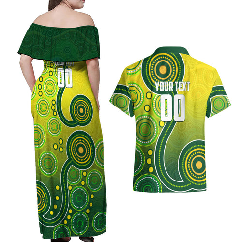Personalized Australian Soccer Kangaroo Couples Matching Off Shoulder Maxi Dress and Hawaiian Shirt Aboriginal Dot Pattern Green Gold Football Player