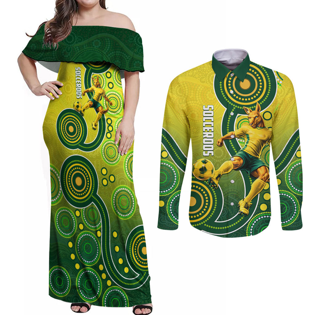 Personalized Australian Soccer Kangaroo Couples Matching Off Shoulder Maxi Dress and Long Sleeve Button Shirt Aboriginal Dot Pattern Green Gold Football Player