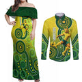 Personalized Australian Soccer Kangaroo Couples Matching Off Shoulder Maxi Dress and Long Sleeve Button Shirt Aboriginal Dot Pattern Green Gold Football Player