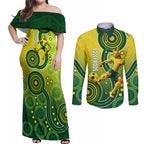 Personalized Australian Soccer Kangaroo Couples Matching Off Shoulder Maxi Dress and Long Sleeve Button Shirt Aboriginal Dot Pattern Green Gold Football Player