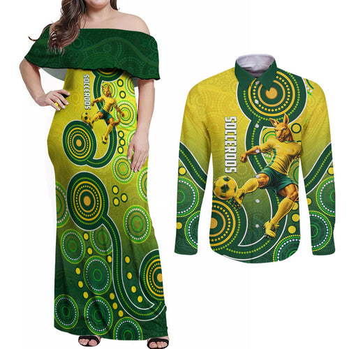 Personalized Australian Soccer Kangaroo Couples Matching Off Shoulder Maxi Dress and Long Sleeve Button Shirt Aboriginal Dot Pattern Green Gold Football Player