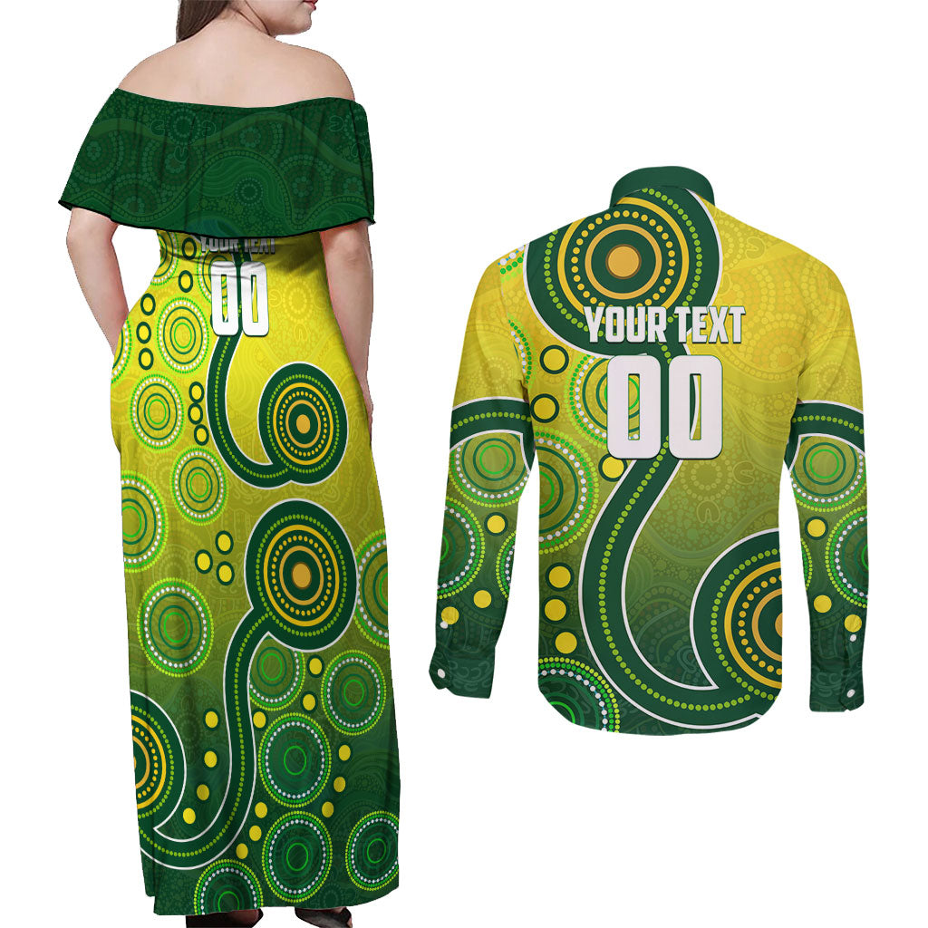Personalized Australian Soccer Kangaroo Couples Matching Off Shoulder Maxi Dress and Long Sleeve Button Shirt Aboriginal Dot Pattern Green Gold Football Player