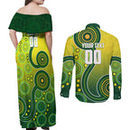 Personalized Australian Soccer Kangaroo Couples Matching Off Shoulder Maxi Dress and Long Sleeve Button Shirt Aboriginal Dot Pattern Green Gold Football Player