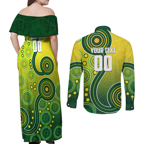 Personalized Australian Soccer Kangaroo Couples Matching Off Shoulder Maxi Dress and Long Sleeve Button Shirt Aboriginal Dot Pattern Green Gold Football Player
