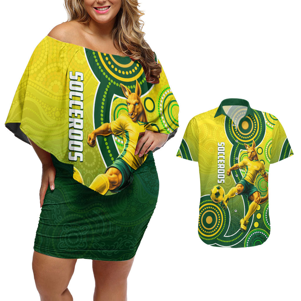 Personalized Australian Soccer Kangaroo Couples Matching Off Shoulder Short Dress and Hawaiian Shirt Aboriginal Dot Pattern Green Gold Football Player