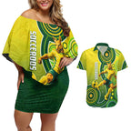 Personalized Australian Soccer Kangaroo Couples Matching Off Shoulder Short Dress and Hawaiian Shirt Aboriginal Dot Pattern Green Gold Football Player