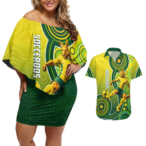 Personalized Australian Soccer Kangaroo Couples Matching Off Shoulder Short Dress and Hawaiian Shirt Aboriginal Dot Pattern Green Gold Football Player