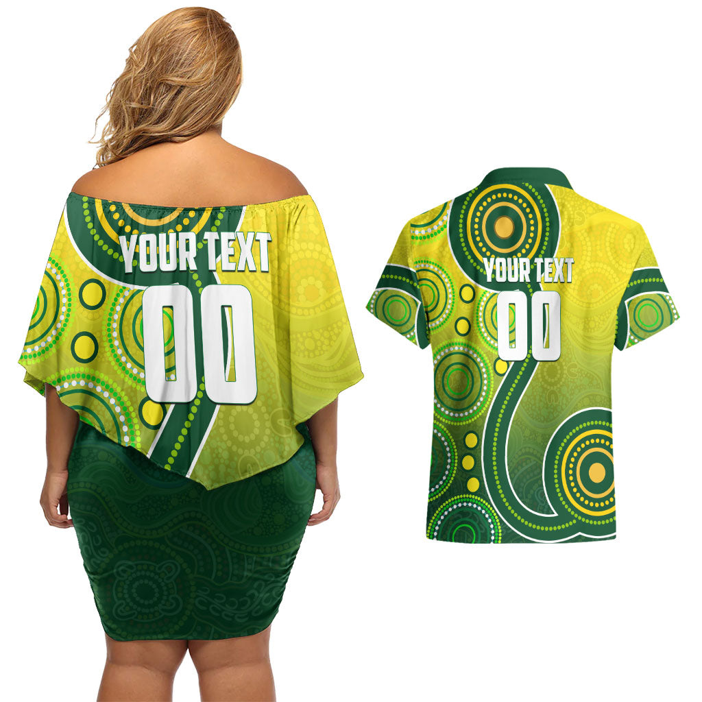 Personalized Australian Soccer Kangaroo Couples Matching Off Shoulder Short Dress and Hawaiian Shirt Aboriginal Dot Pattern Green Gold Football Player