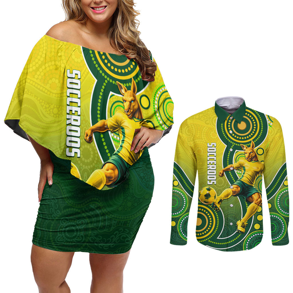 Personalized Australian Soccer Kangaroo Couples Matching Off Shoulder Short Dress and Long Sleeve Button Shirt Aboriginal Dot Pattern Green Gold Football Player