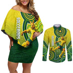 Personalized Australian Soccer Kangaroo Couples Matching Off Shoulder Short Dress and Long Sleeve Button Shirt Aboriginal Dot Pattern Green Gold Football Player