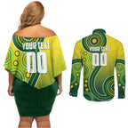 Personalized Australian Soccer Kangaroo Couples Matching Off Shoulder Short Dress and Long Sleeve Button Shirt Aboriginal Dot Pattern Green Gold Football Player