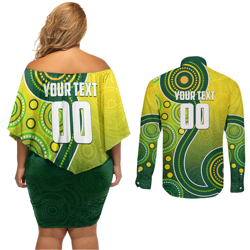 Personalized Australian Soccer Kangaroo Couples Matching Off Shoulder Short Dress and Long Sleeve Button Shirt Aboriginal Dot Pattern Green Gold Football Player
