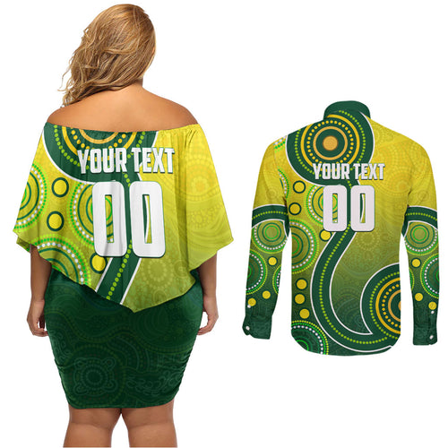 Personalized Australian Soccer Kangaroo Couples Matching Off Shoulder Short Dress and Long Sleeve Button Shirt Aboriginal Dot Pattern Green Gold Football Player