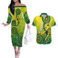 Personalized Australian Soccer Kangaroo Couples Matching Off The Shoulder Long Sleeve Dress and Hawaiian Shirt Aboriginal Dot Pattern Green Gold Football Player