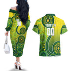 Personalized Australian Soccer Kangaroo Couples Matching Off The Shoulder Long Sleeve Dress and Hawaiian Shirt Aboriginal Dot Pattern Green Gold Football Player