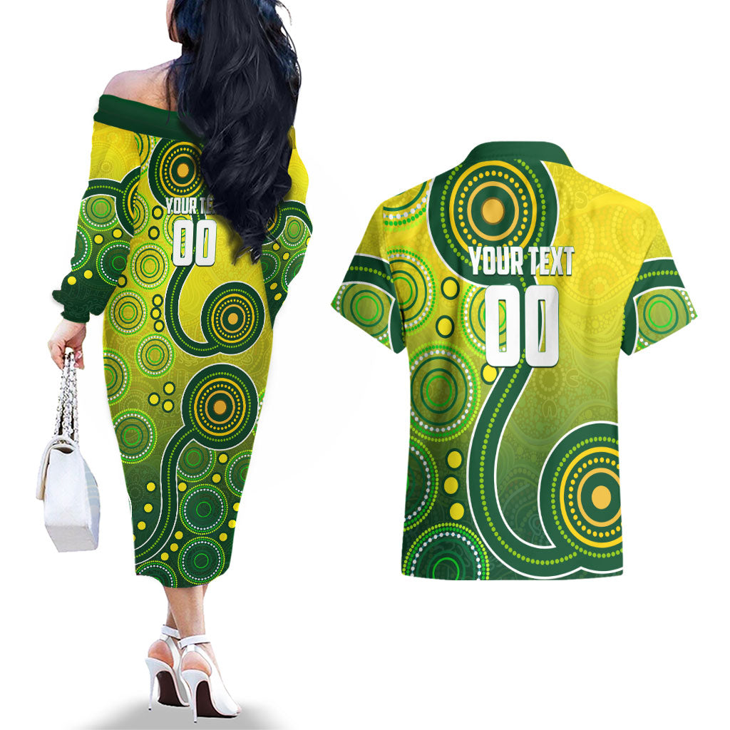 Personalized Australian Soccer Kangaroo Couples Matching Off The Shoulder Long Sleeve Dress and Hawaiian Shirt Aboriginal Dot Pattern Green Gold Football Player