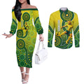 Personalized Australian Soccer Kangaroo Couples Matching Off The Shoulder Long Sleeve Dress and Long Sleeve Button Shirt Aboriginal Dot Pattern Green Gold Football Player